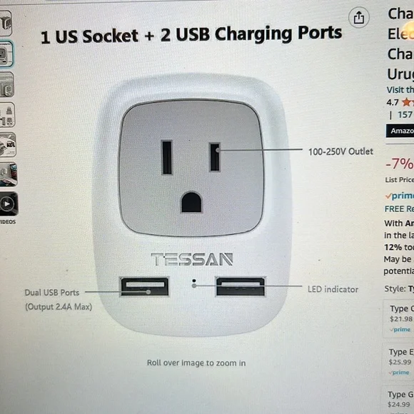 TESSAN Italy travel adapter grounded plug converter NEW - Picture 4 of 8